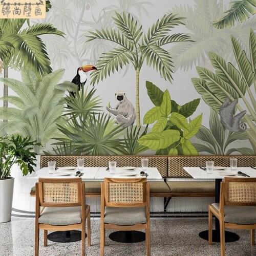 Southeast Asia banana leaf wallpaper animal background wall tropical rain forest green plant Restaurant Hotel mural Waterproof