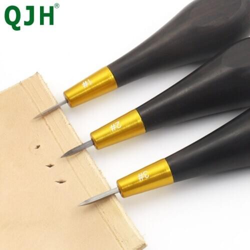 Sharp Sandalwood Handle Steel Awl Leather Rhombus Punching Hole Tool Reaming Awl DIY Handmade Leather Craft Chisel Tools