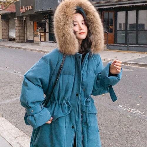 JuneLove Women Winter Red Blue Velvent Parkas Female Fur Collar Thick Warm Long Sleeve Outerwears Lady White Duck Down Coats