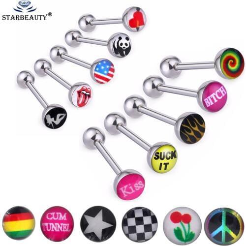 1Piece 1.6*18mm Punk taehyung tongue piercing Suck it Rainbow Tree Yinyang Picture mens tongue piercing bards piercing tongue