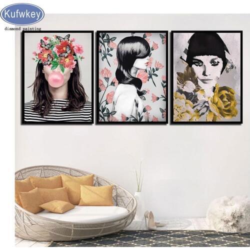 Full,square,woman Floral diamond embroidery,diy Diamond Painting 3PCS Cross-Stitch,5D Diamond Mosaic,Decoration home,Needlework