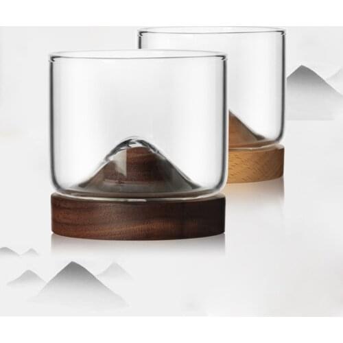 Transparent Glass Whiskey Glass Mountain Wooden Bottom Wine Cup For Whiskey Wine Vodka Bar Club Home Kitchen Creative Drinkware