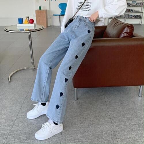 Love Embroidery Straight Jeans Wide-Legged Pants Female High Waist Pants Woman Spring Autumn For WomenS Clothing Panty 2021