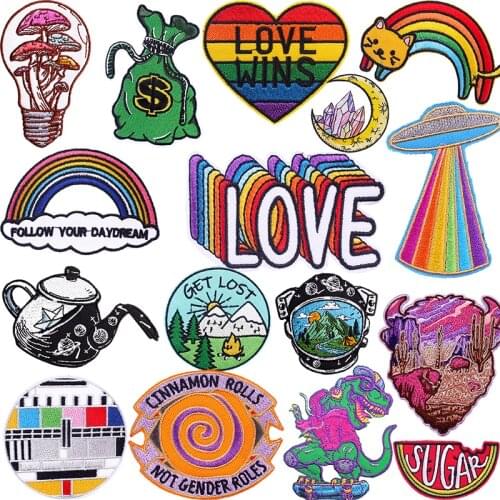 Pulaqi Multicolour Rainbow Embroidery Patches for Clothes Iron On Dinosaur Patches For Clothing DIY Love Hearth Stickers Badge