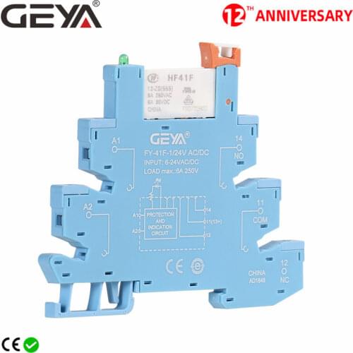 GEYA FY-41F-1 Din Rail Slim Relay Module Protection Circuit 6A Relay 12VDC/AC or 24VDC/AC Relay Socket 6.2mm thickness