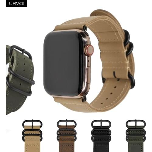 URVOI strap for Apple Watch series 6 SE 5 4 3 21 leather band for iWatch black classic buckle handmade vintage retro double ring