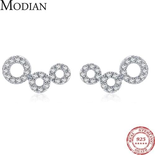 Modian Authentic 925 Sterling Silver Simple Round to Round Stud Earrings For Women Shiny Clear CZ Circle Ear Studs Fine Jewelry