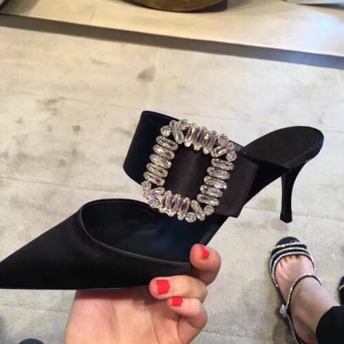 Luxury Rhinestones Buckle Stilettos Slides Pointy High Heels Slippers Women Sandalias Mujer Slingback Pumps Summer Mules Shoes