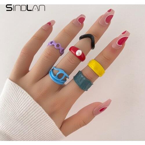 Sindlan 6Pcs Kpop Multi Color Pearl Rings for Women Aesthetic Stranger Things Geometric Female 2021 Trend Y2k ZA Fashion Jewelry