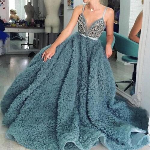 Blue Muslim Evening Dresses Ball Gown Spaghetti Straps Beaded Ruffles Dubai Saudi Arabic Long Evening Prom Gown Dress