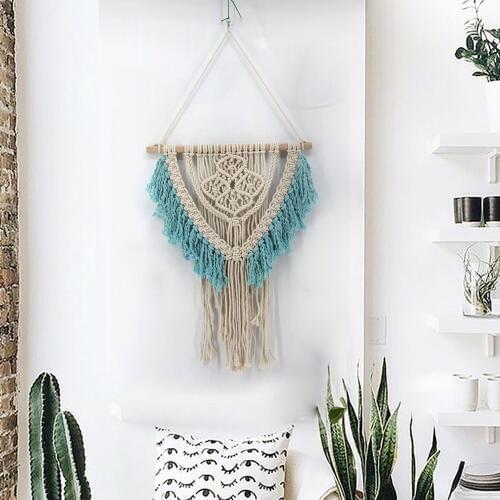 Blue Hand Knotted Macrame Wall Art Handmade Cotton Bohemian Wall Hanging Tapestry with Tassel Boho Home Wedding Decoration