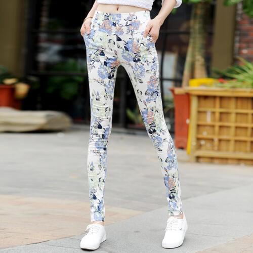 Womens pants 2019 summer new high waist pants wear Slim thin elastic print floral feet pants womens trousers