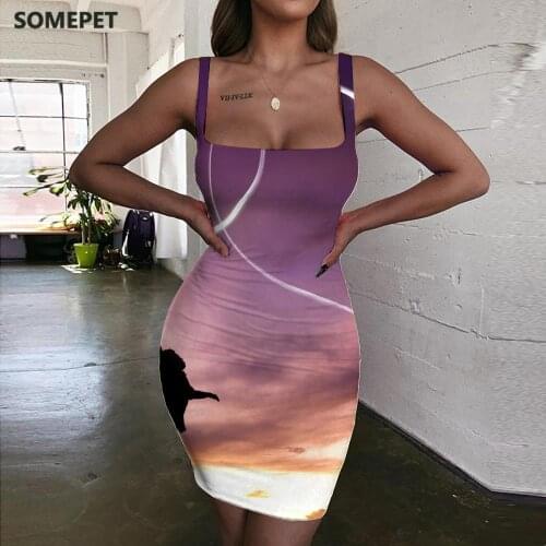 SOMEPET Sky Dresses Women Love Halter Sleeveless Graphics Ladies Dresses Art 3d Print Womens Clothing Party Short Boho Femme