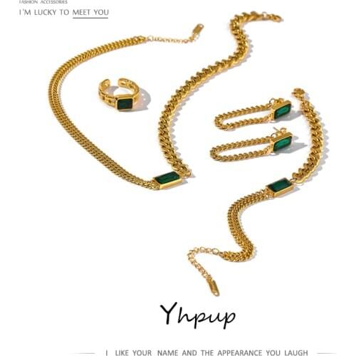 Yhpup 18 Gold Stainless Steel Necklace Jewelry Sets for Women Green Zirconia Chain Collar Metal Crystal Stone Necklace Bijoux