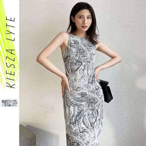 Women Summer Elegant Dress New Summer 2021 Vintage French Sleeveless Printed Sexy Female Midi Dresses Mujer