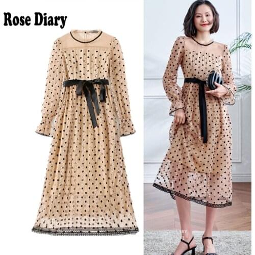 RoseDiary Temperament Goddess Model Wave Dot Bow Dress Celebrity 2021 New Summer Womens Lantern Sleeve Gentle Fairy Mesh Dress