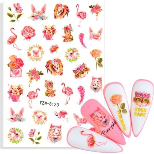 1 Sheet Flamingo Rainforest Nail Art stickers Colorful Flowers Leaves Lion Animal Nails Decoration Decals