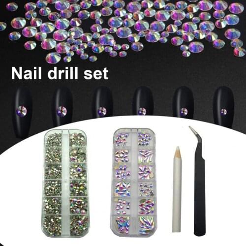 1 Set Nail Charms Rhinestones with Pickup Pen Glass 3D Design Nails Art Sequins Decoration for Salon Manicure Tools Accessories