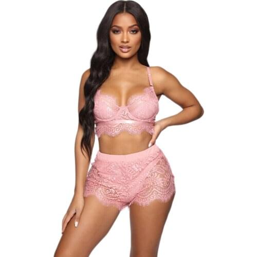 2 Pcs Ladys Fashionable Lace Sexy Lingerie Set Solid Color Low-cut Sun-top Bra Hollow Slim Shorts Sex Toy for Pleasantness