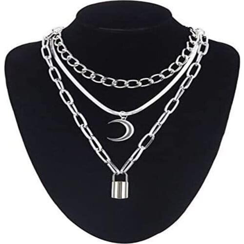 3pcs/set Punk Silver Chunky Chain Necklace for Women Multi-layer Lock Pendant Clavicle Chain Street Metal Choker Jewelry Gift
