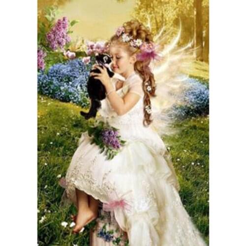 5D DIY Diamond Painting Square/Round Diamond Figure Painting Little Girl and Cat Beauty Picture Cross Stitch Decoration WG3063