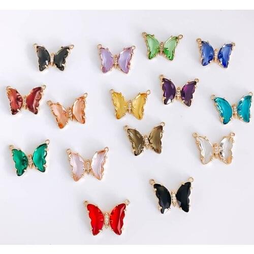 Glass Mixed Color Eardrop Butterfly Alloy Necklace Earring Accessories Charms Pendant Jewelry Making Diy Handmade Material 6pcs