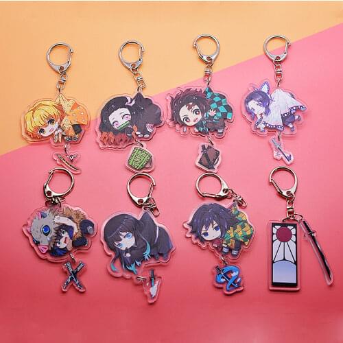 Anime Demon Slayer Kimetsu No Yaiba Key Chain Kamado Tanjirou Acrylic Double Sided KeyChains Cute Funny Key Ring Pendant Props