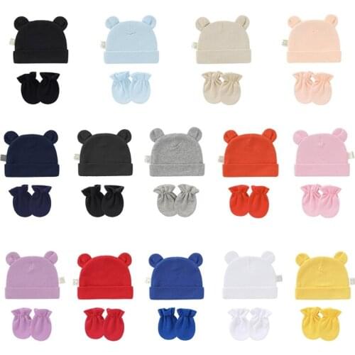 Baby Infant Anti Scratching Cotton Gloves Ears Hat Set Newborn Anti-scratch Mittens mitts Beanie cap kit for Toddler