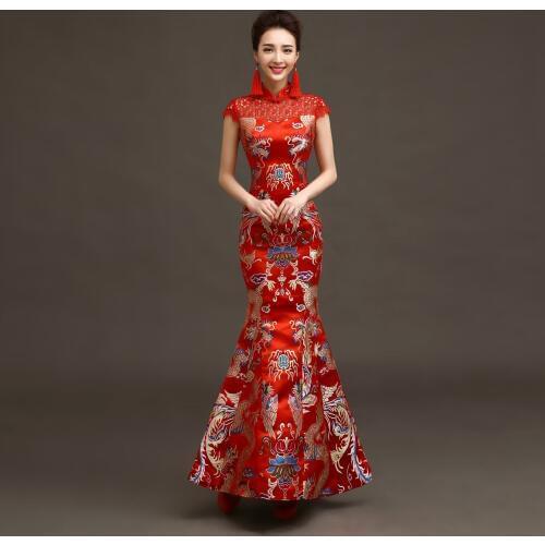 Long Cheongsam Chinese Bride Wedding Dress Costume Retro Elegant Embroidery Qipao Dress Chinese Traditional Dress