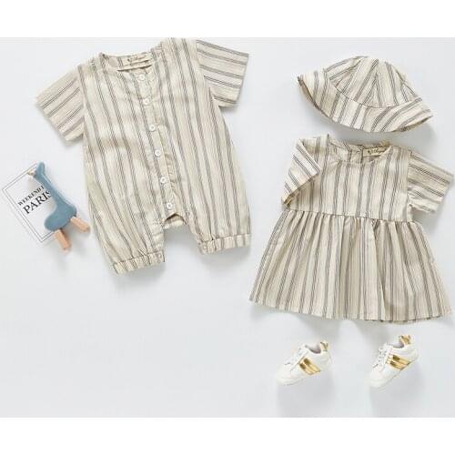 Baby Boys Girl Rompers Short Sleeve Dress Fashion Infant Clothes Baby Boy Girl Vertical Stripe Rompers Summer Hat Kids