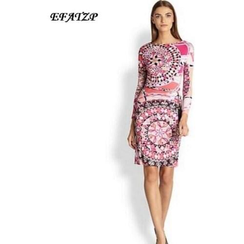 [EFATZP] New Luxury Brands Womens Pink Print Long Sleeves Print Plus Size XXL Stretch Jersey Silk Dress(with belt)