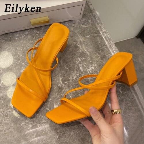 Eilyken 2021 Summer Outdoor Women Slipper Slides Fashion Female Peep Toe Square Heel Sandal Vacation Beach Flip Flops Shoes