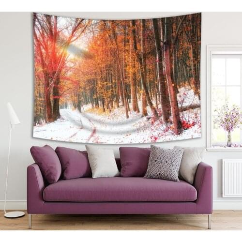 Tapestry Sunlight Breaks Through Autumn Leaves of Trees Winter Days Snow Covered Forest Nature Photo