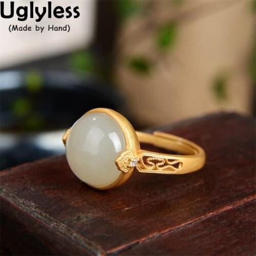 Uglyless Perfect Round Jade Agate Rings for Women Simple Fashion Gemstones Hollow Rings Gold Ethnic Jewelry 925 Silver Bijoux