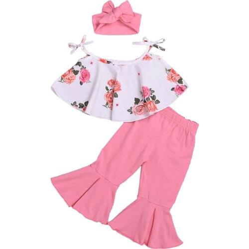 Kids Baby Girls Floral Clothes Set Summer Toddler Outfits Suspender Vest Flared Pants Headband Set Children Clothing For Girl