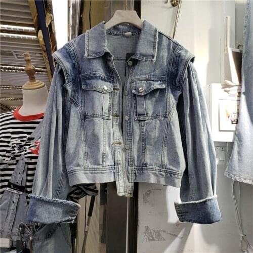 Vintage Women Smoky Gray Denim Jacket Irregular Hem Single-breasted Lapel Long Sleeve Jean Jacket Female Autumn Casual Harajuku