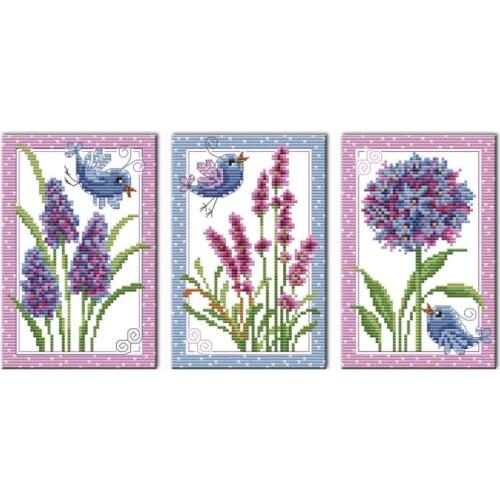 Birds and flowers (Triptych) cross stitch kit aida 18ct 14ct 11ct counted printed canvas set stitches embroidery handmade