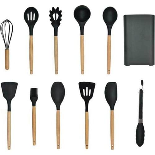 12pcs Silicone Cooking Utensils Set Non-stick Spatula Shovel Brush Wooden Handle with Storage Box Kitchen Appliances