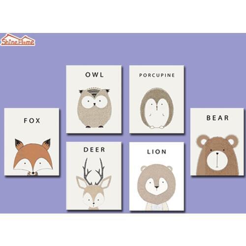 ShineHome-6pcs Wall Art Canvas Prints Nordic Style Kids Decoration Fox Deer Animals Paintings Modular Pictures for Living Room
