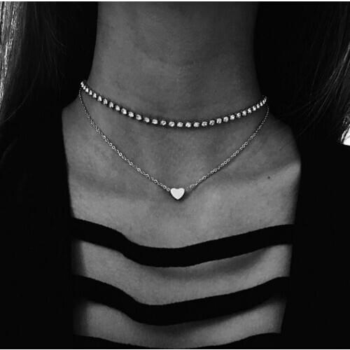 New Necklace Fashion Choker Womens Hearts Double Crystal Necklace Love Necklace Joker Character Accessories Wholesale