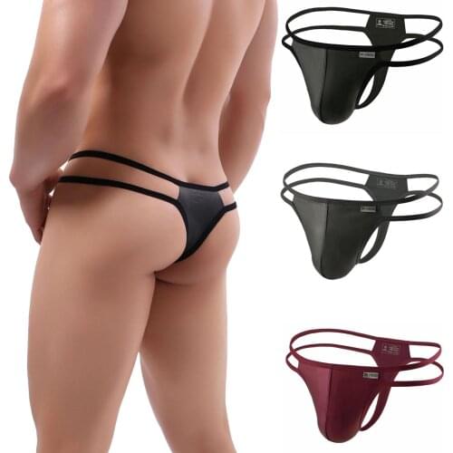 New Bikini Men Sexy String Homme Nylon Lingerie Underwear Pu Leather Thongs Low-rise Solid G-string Men Bulge Pouch