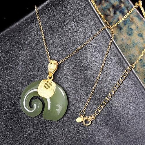 S925 Sterling Silver Ornament Gold-Plated Hetian Gray Jade Elephant Necklace for Women