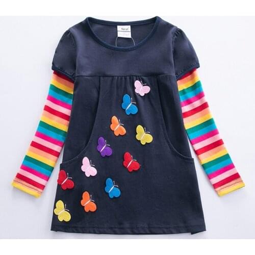 Butterfly Girls Dress Long Sleeve Kids Dress Girls Autumn New Style Two Pocket Rainbow Striped Sleeve Cotton Dress