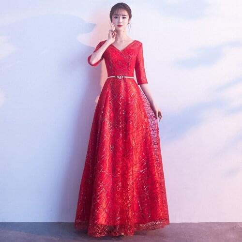 Special Occasion Dresses Vintage V-Neck Half Sequined Sashes A-Line Luxury Burgundy Tulle Lace Floor-Length Women Prom Gown E929