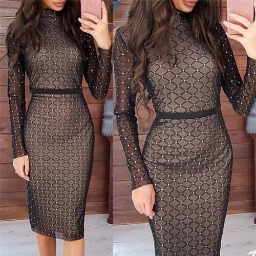Sexy Women Diamonds Transparent Dress Long Sleeve Turtleneck Bodycon Club Dress Female High Waist Skinny Mid Dress 2020 New