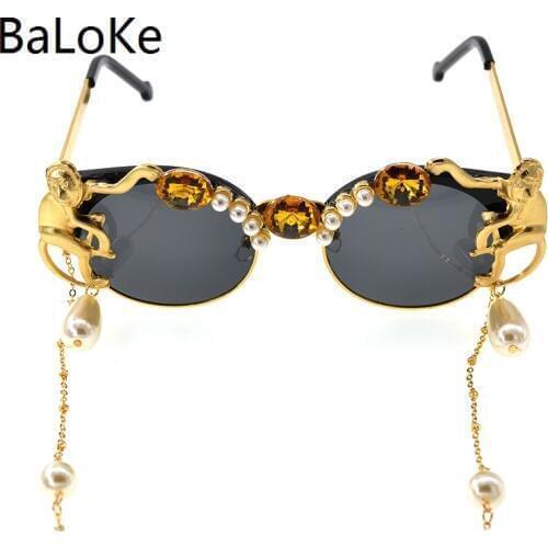 New brand design personality tassel sunglass monkey pearl crystal retro round big frame sunglasses women Ladies Sun glass