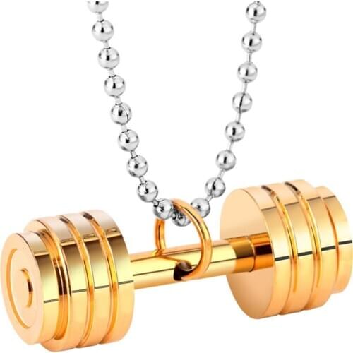 Light Yellow Gold Color Stainless Steel Dumbbell Shape Pendant Link Chain Necklace Sport Style Jewelry