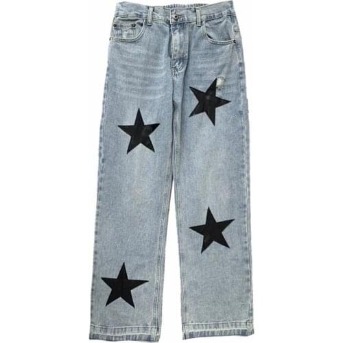 Vintage Washed Jeans Women Trousers Female Harajuku Loose High Waist Wide Leg Pants Straight Cotton Star Print Hole Cowboy Man