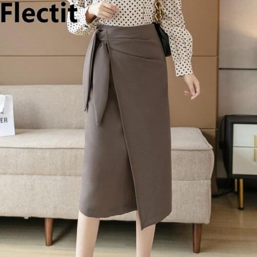 Flectit Knotted Wrap Skirt With Bow Tie High Waist Back-Slit Pencil Midi Skirt Womens Elegant Spring Summer Outfit