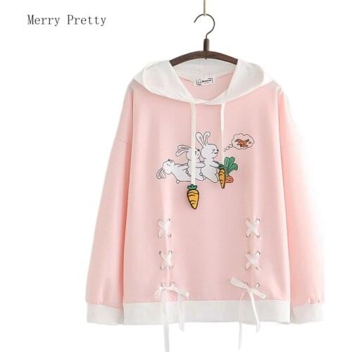 Harakuju Rabbit Print Casual Hooded Sweatshirt Women 2021 Summer Drawstring Lace Up Cotton Hoodies Korean Female Kawaii Cute Top